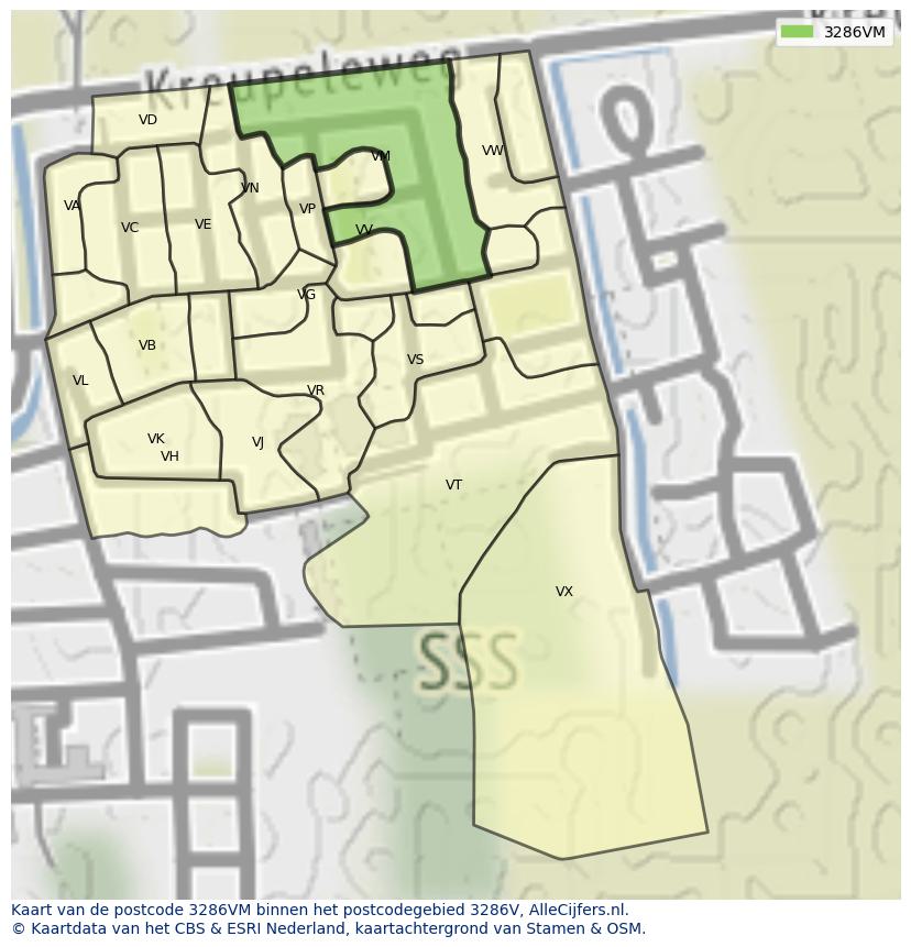 Afbeelding van het postcodegebied 3286 VM op de kaart.