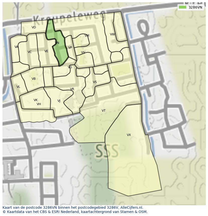 Afbeelding van het postcodegebied 3286 VN op de kaart.