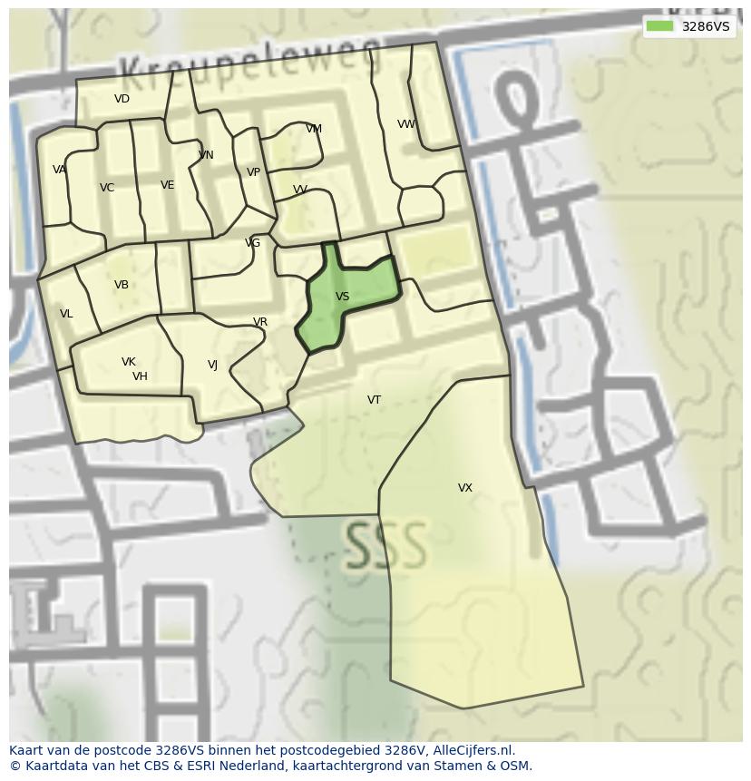 Afbeelding van het postcodegebied 3286 VS op de kaart.