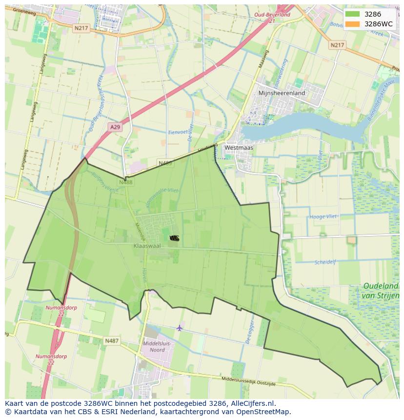 Afbeelding van het postcodegebied 3286 WC op de kaart.