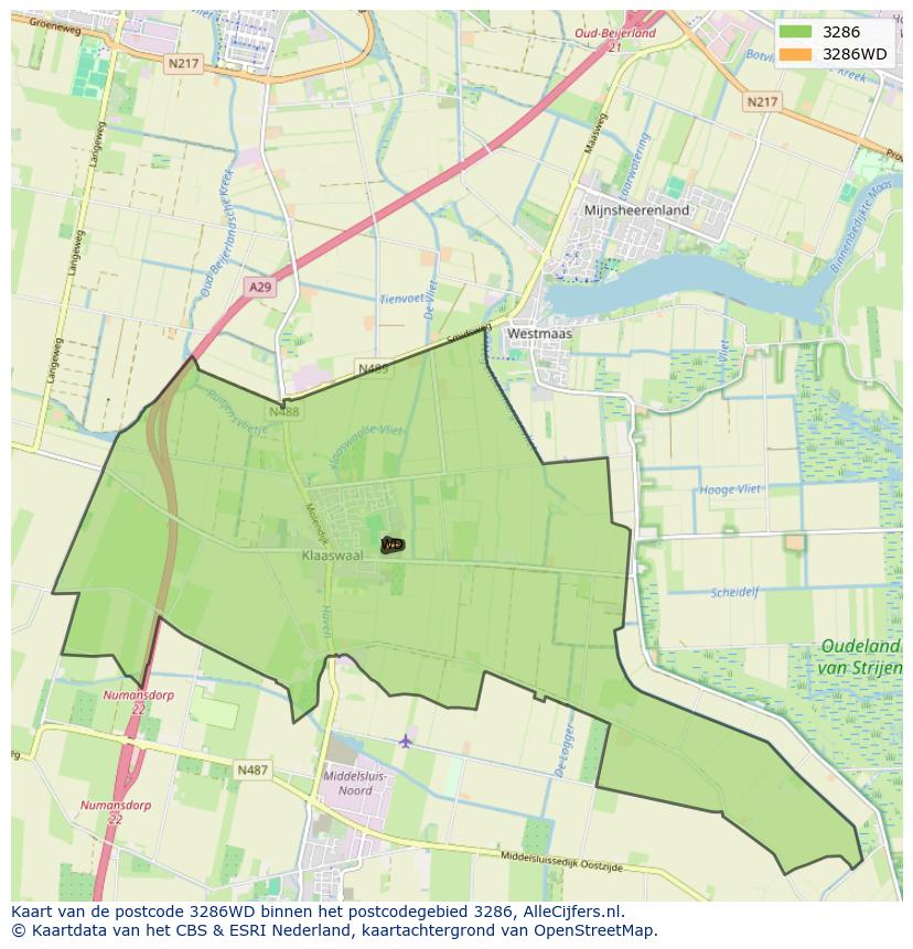 Afbeelding van het postcodegebied 3286 WD op de kaart.