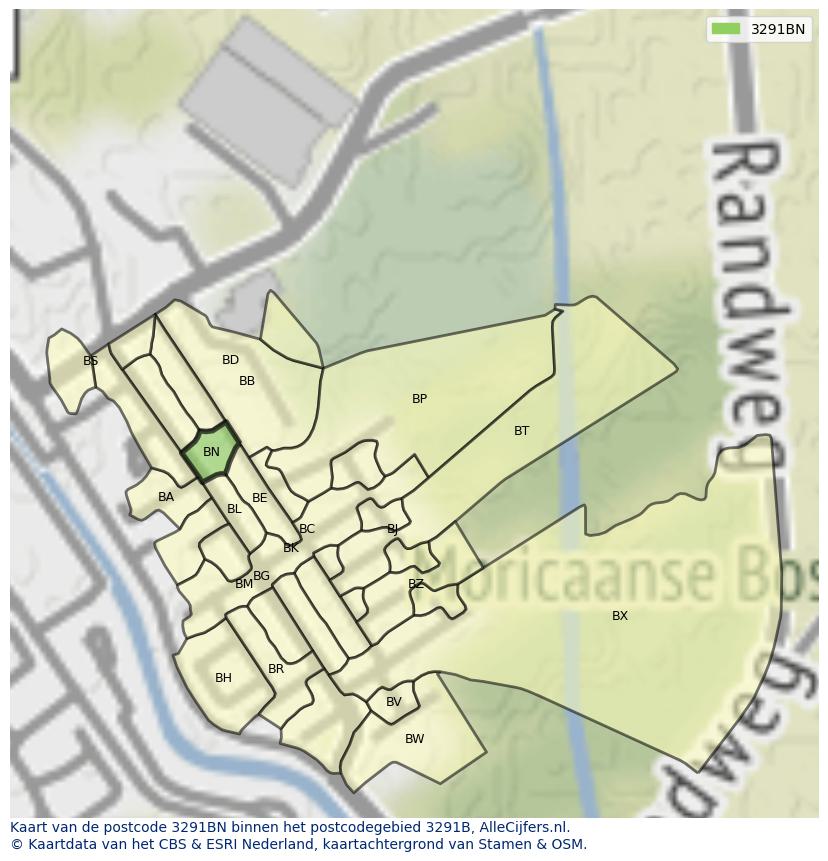 Afbeelding van het postcodegebied 3291 BN op de kaart.