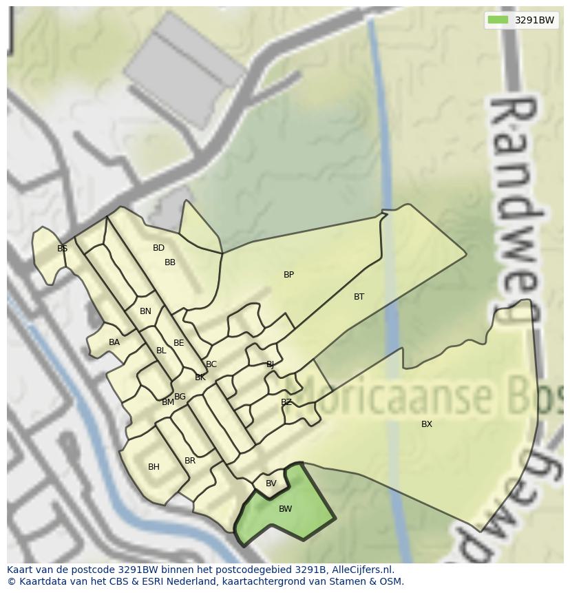 Afbeelding van het postcodegebied 3291 BW op de kaart.