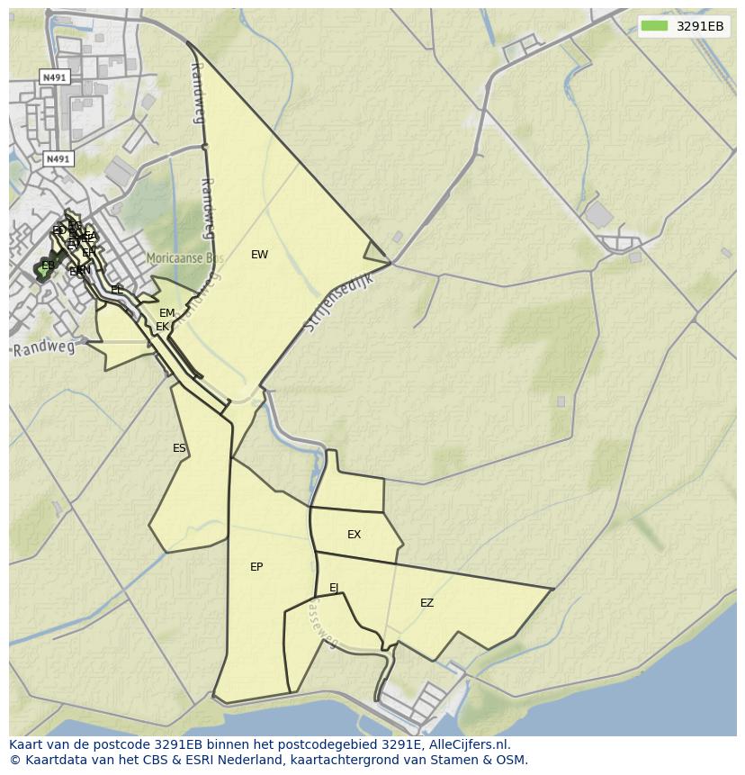 Afbeelding van het postcodegebied 3291 EB op de kaart.