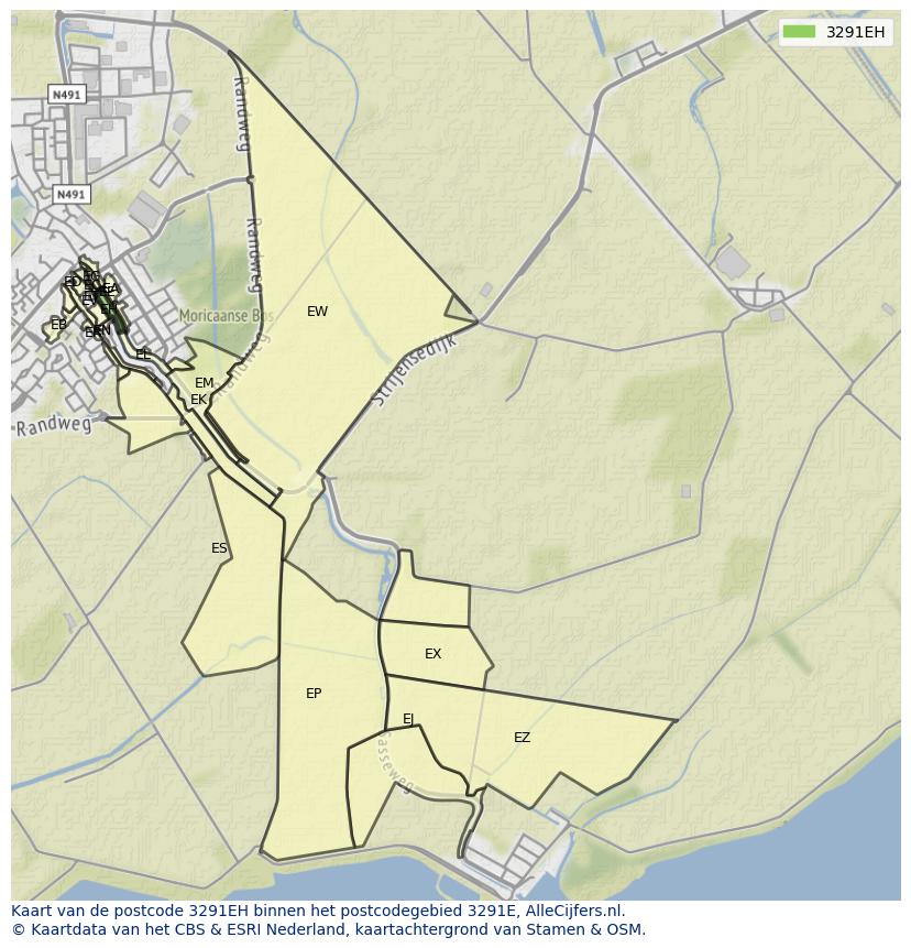 Afbeelding van het postcodegebied 3291 EH op de kaart.