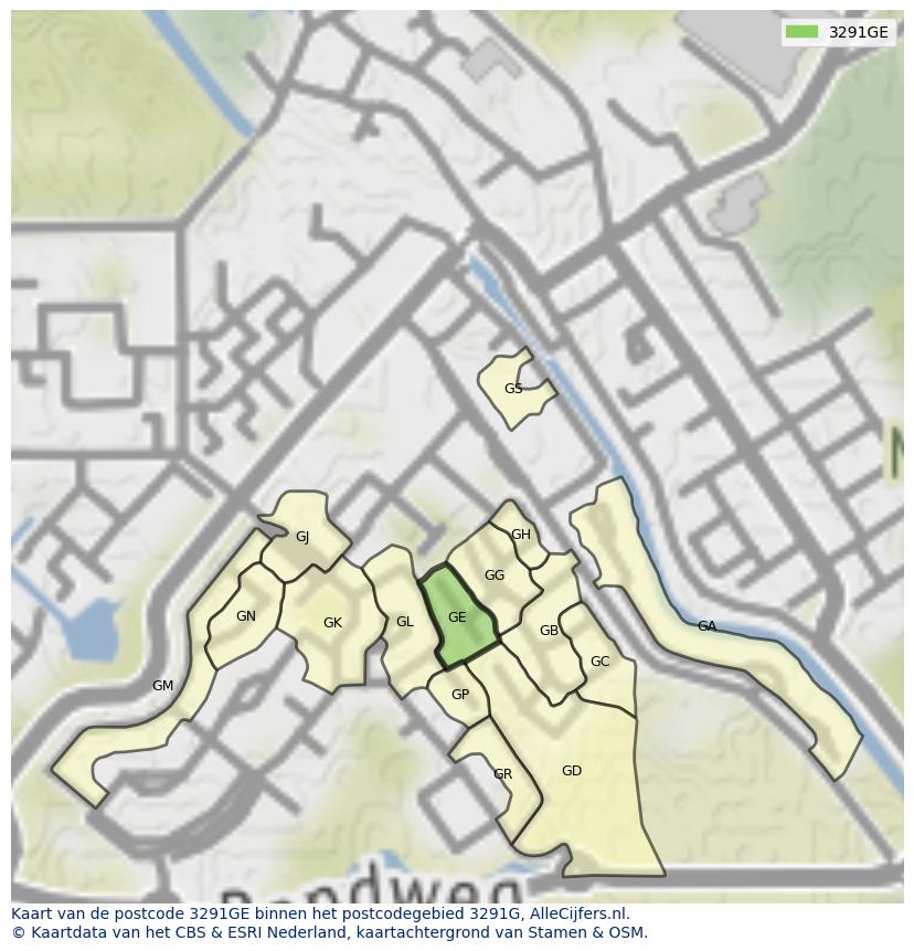 Afbeelding van het postcodegebied 3291 GE op de kaart.