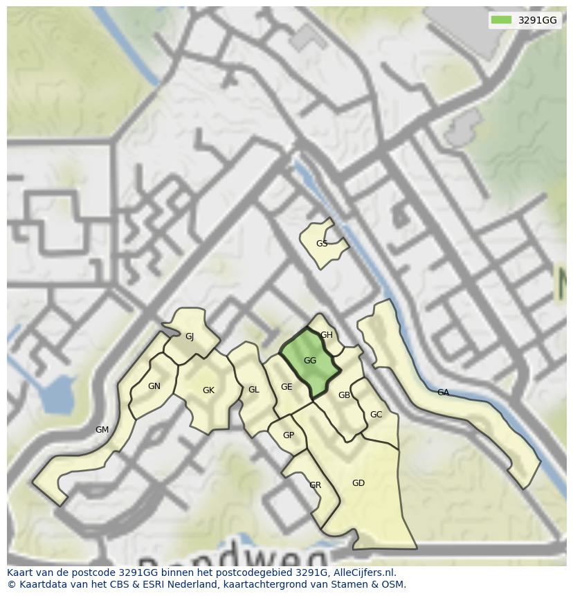 Afbeelding van het postcodegebied 3291 GG op de kaart.