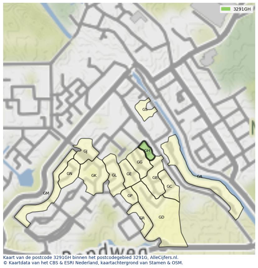 Afbeelding van het postcodegebied 3291 GH op de kaart.