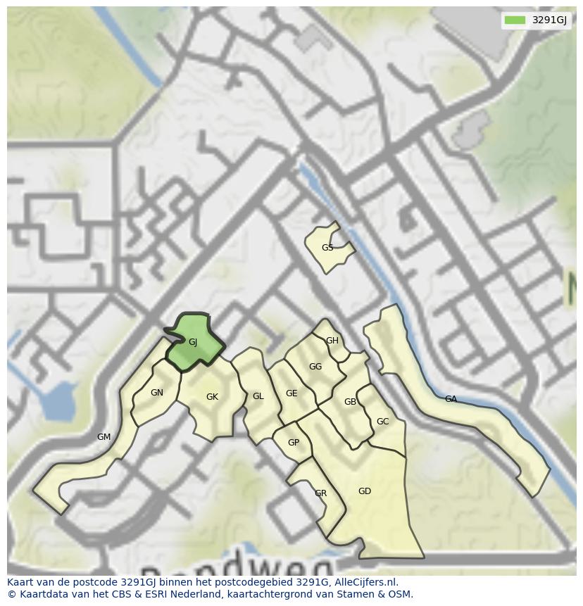 Afbeelding van het postcodegebied 3291 GJ op de kaart.
