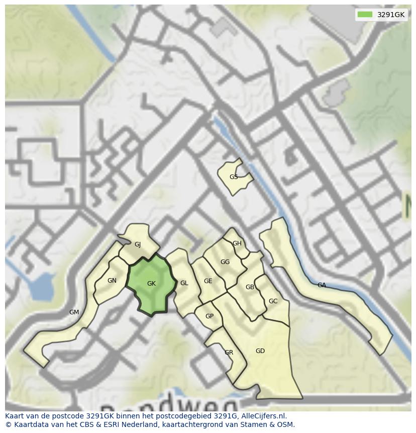 Afbeelding van het postcodegebied 3291 GK op de kaart.
