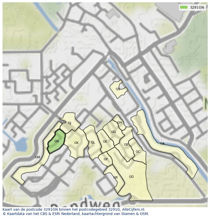 Afbeelding van het postcodegebied 3291 GN op de kaart.