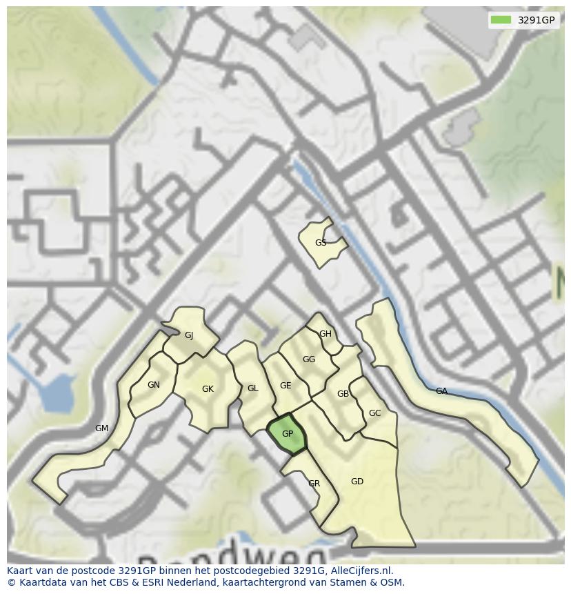 Afbeelding van het postcodegebied 3291 GP op de kaart.