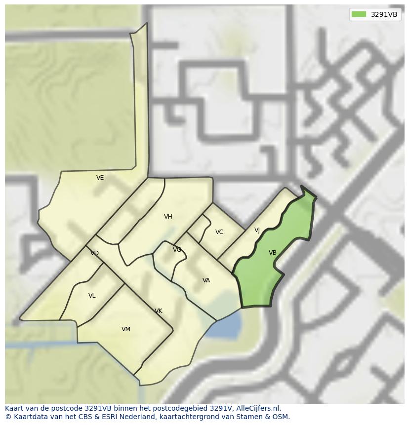 Afbeelding van het postcodegebied 3291 VB op de kaart.
