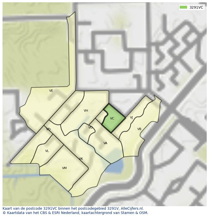 Afbeelding van het postcodegebied 3291 VC op de kaart.