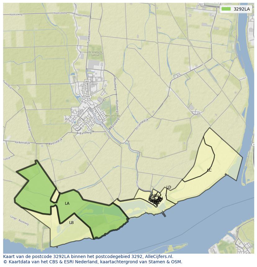 Afbeelding van het postcodegebied 3292 LA op de kaart.