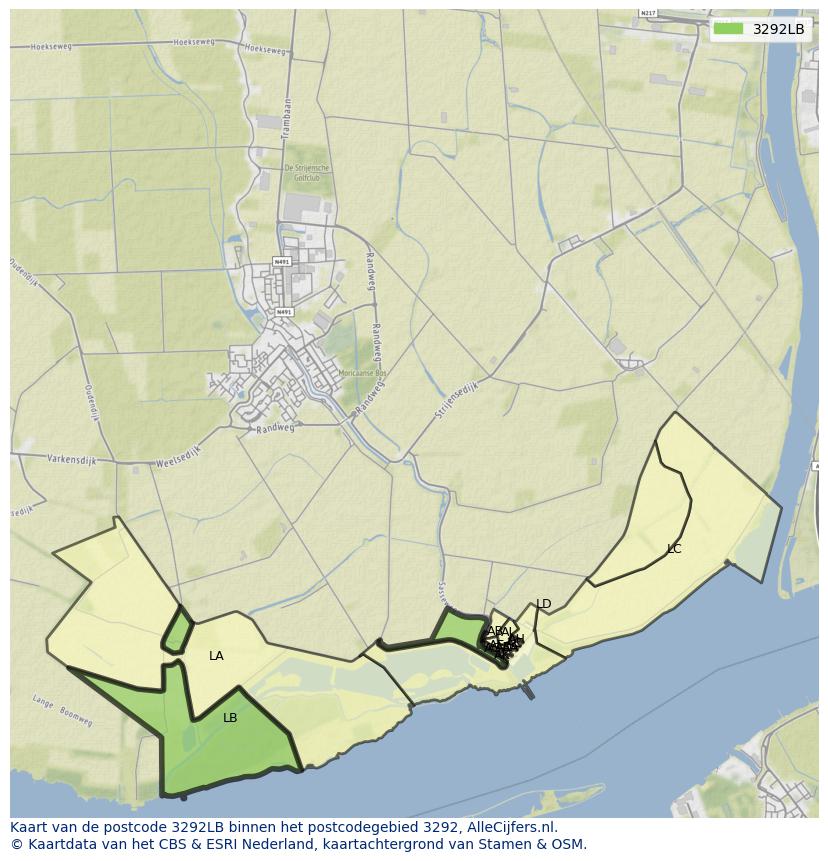 Afbeelding van het postcodegebied 3292 LB op de kaart.