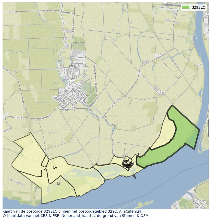 Afbeelding van het postcodegebied 3292 LC op de kaart.