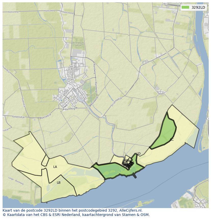 Afbeelding van het postcodegebied 3292 LD op de kaart.