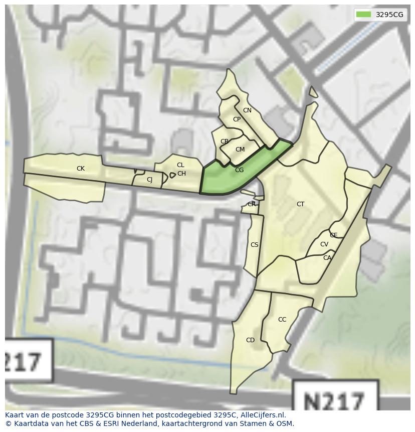 Afbeelding van het postcodegebied 3295 CG op de kaart.