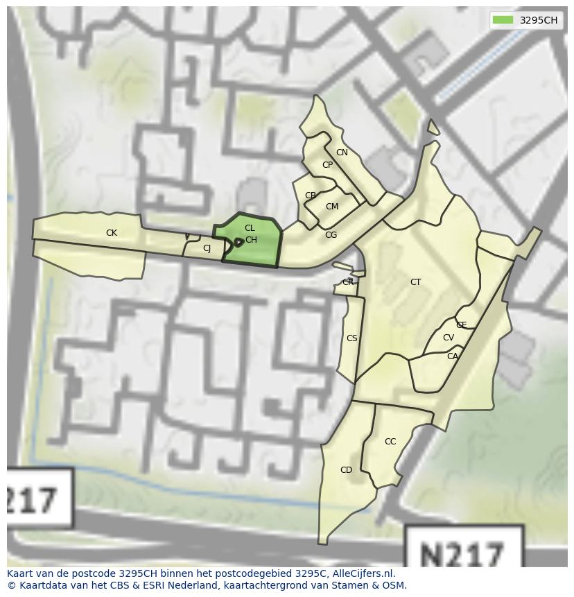 Afbeelding van het postcodegebied 3295 CH op de kaart.