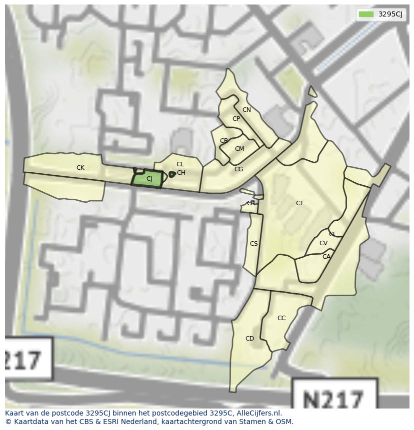 Afbeelding van het postcodegebied 3295 CJ op de kaart.