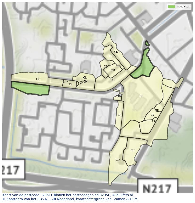 Afbeelding van het postcodegebied 3295 CL op de kaart.