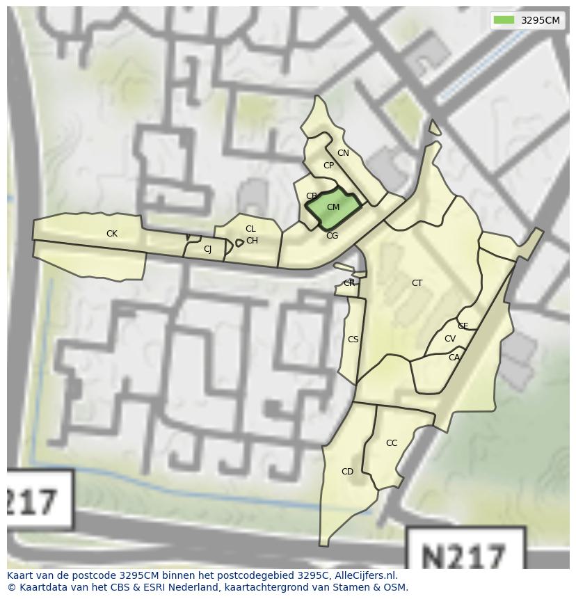 Afbeelding van het postcodegebied 3295 CM op de kaart.
