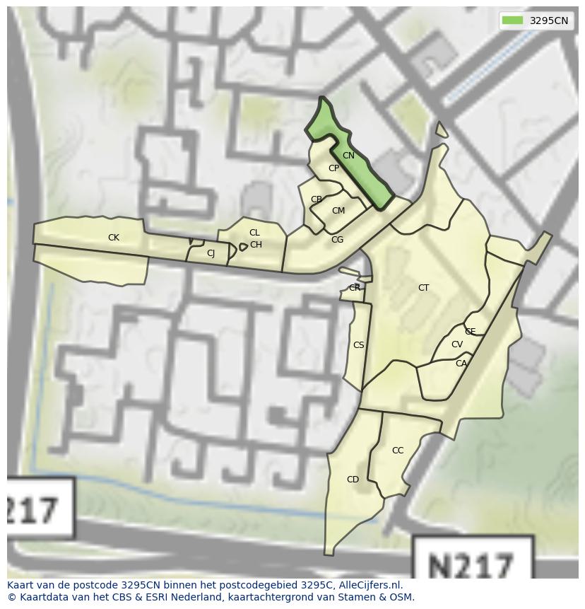 Afbeelding van het postcodegebied 3295 CN op de kaart.