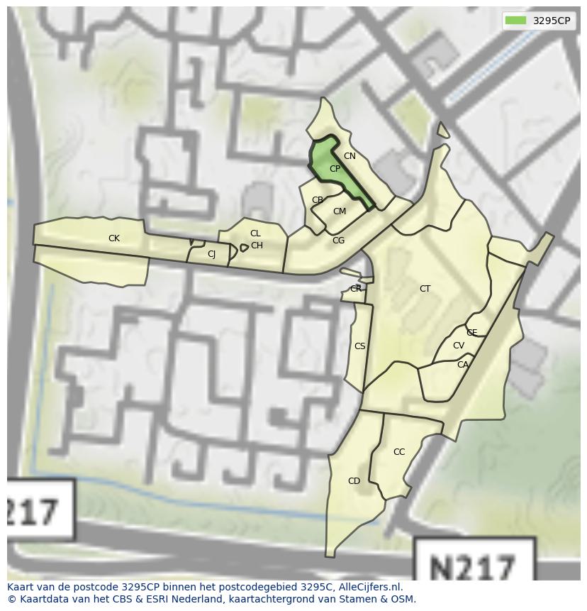Afbeelding van het postcodegebied 3295 CP op de kaart.