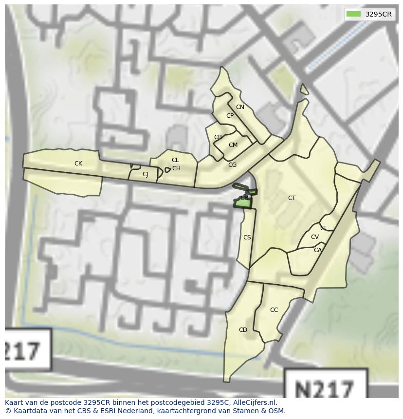 Afbeelding van het postcodegebied 3295 CR op de kaart.