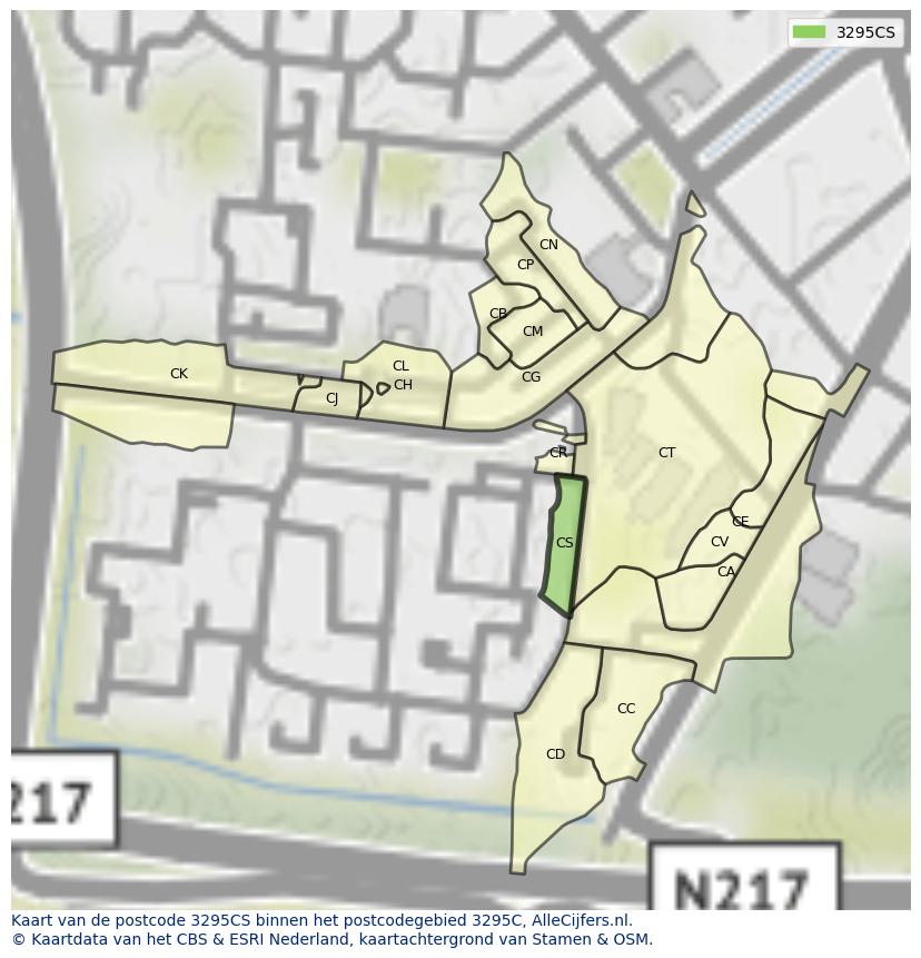 Afbeelding van het postcodegebied 3295 CS op de kaart.