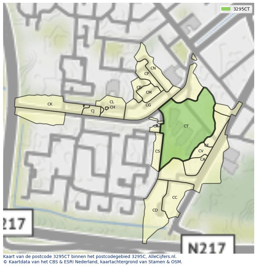 Afbeelding van het postcodegebied 3295 CT op de kaart.
