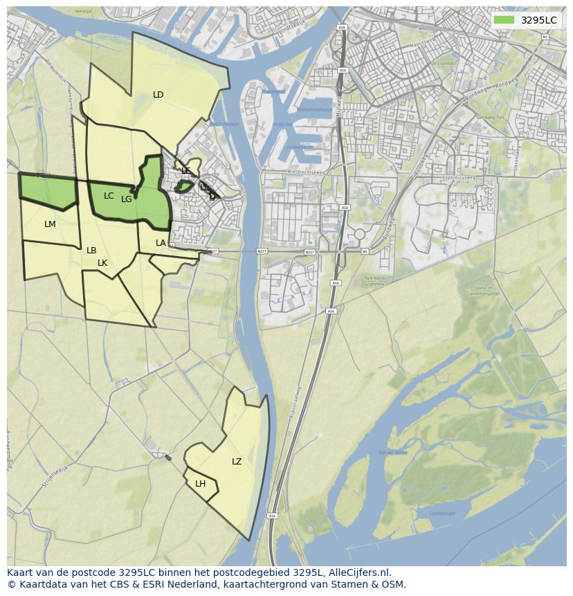 Afbeelding van het postcodegebied 3295 LC op de kaart.