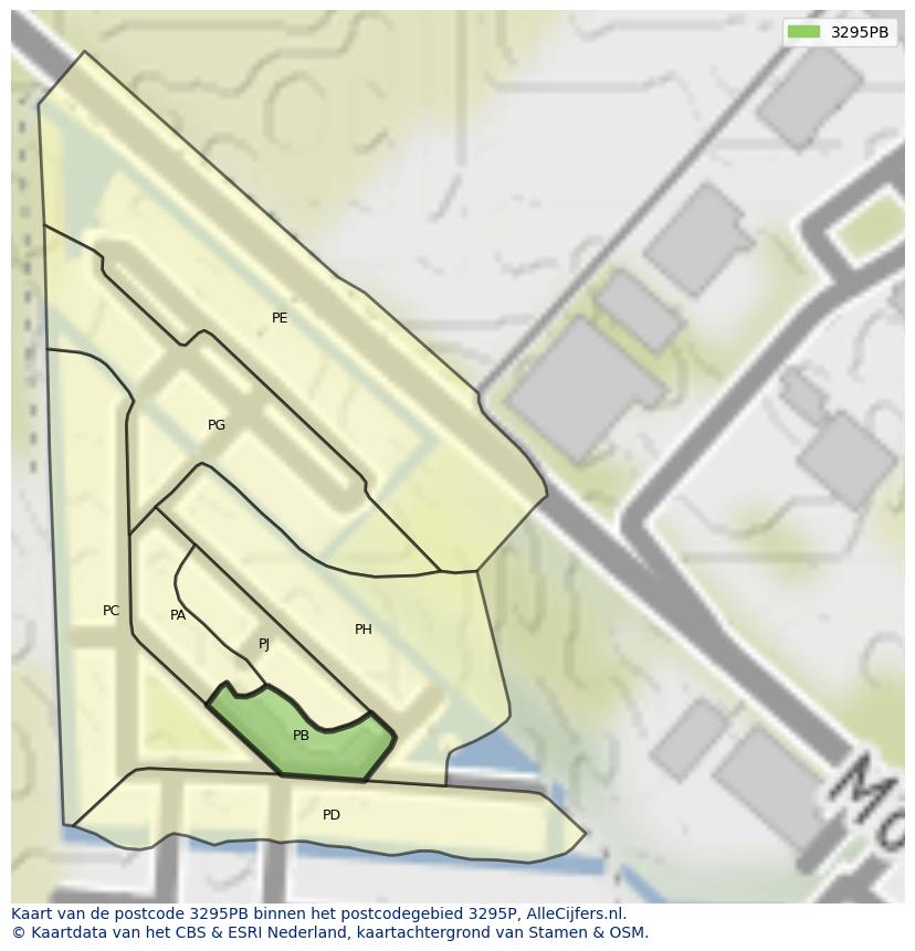 Afbeelding van het postcodegebied 3295 PB op de kaart.