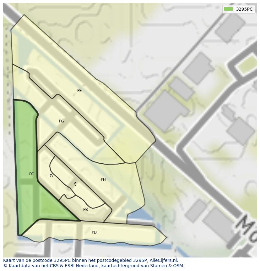 Afbeelding van het postcodegebied 3295 PC op de kaart.