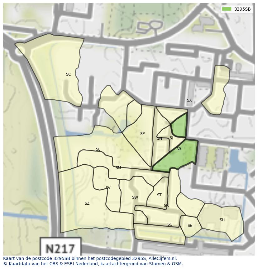 Afbeelding van het postcodegebied 3295 SB op de kaart.