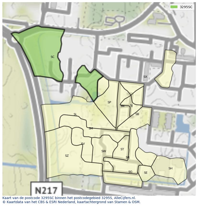 Afbeelding van het postcodegebied 3295 SC op de kaart.