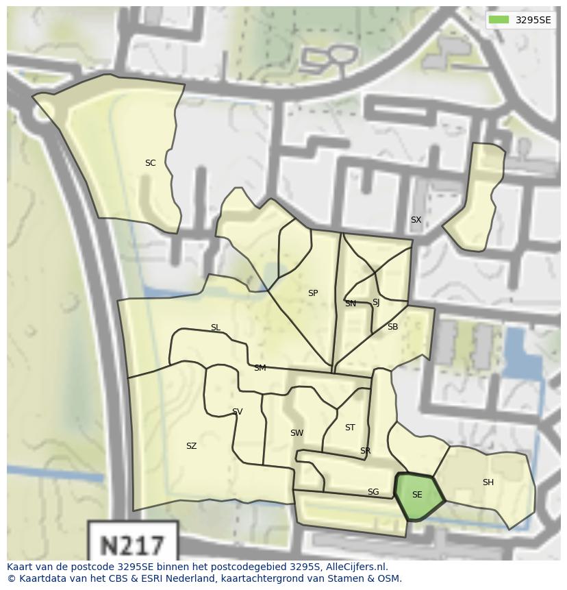 Afbeelding van het postcodegebied 3295 SE op de kaart.