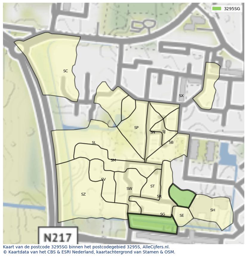 Afbeelding van het postcodegebied 3295 SG op de kaart.