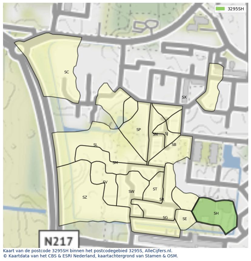 Afbeelding van het postcodegebied 3295 SH op de kaart.