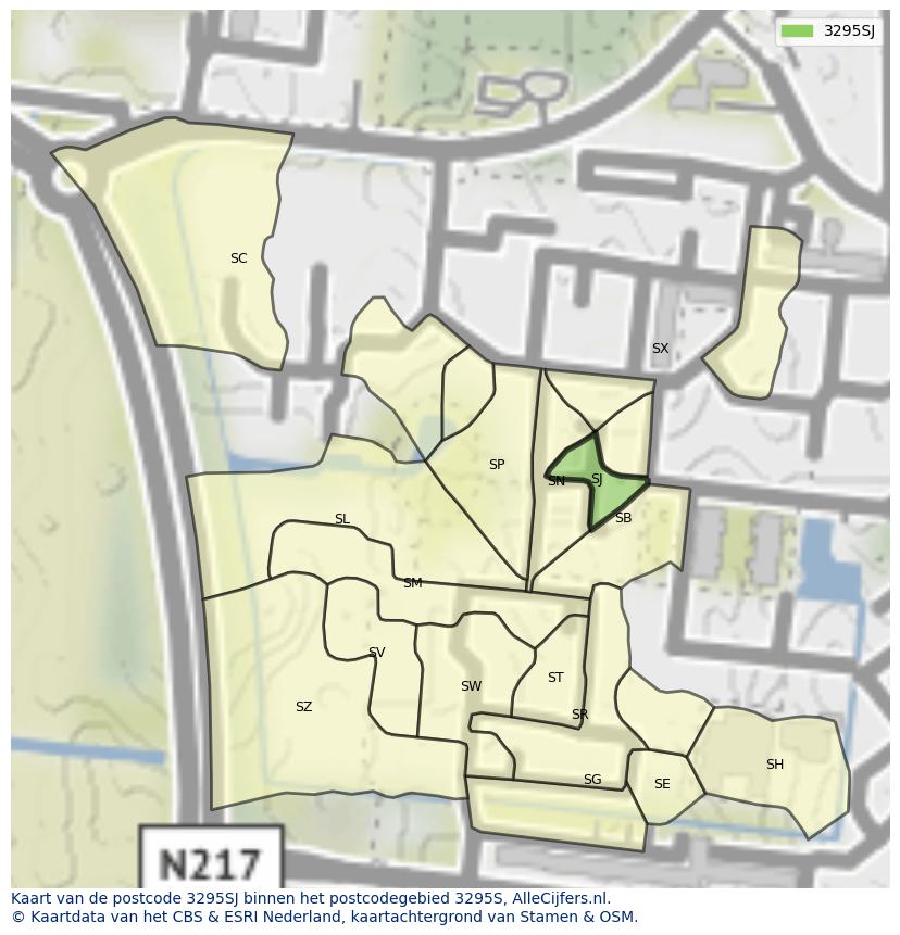 Afbeelding van het postcodegebied 3295 SJ op de kaart.