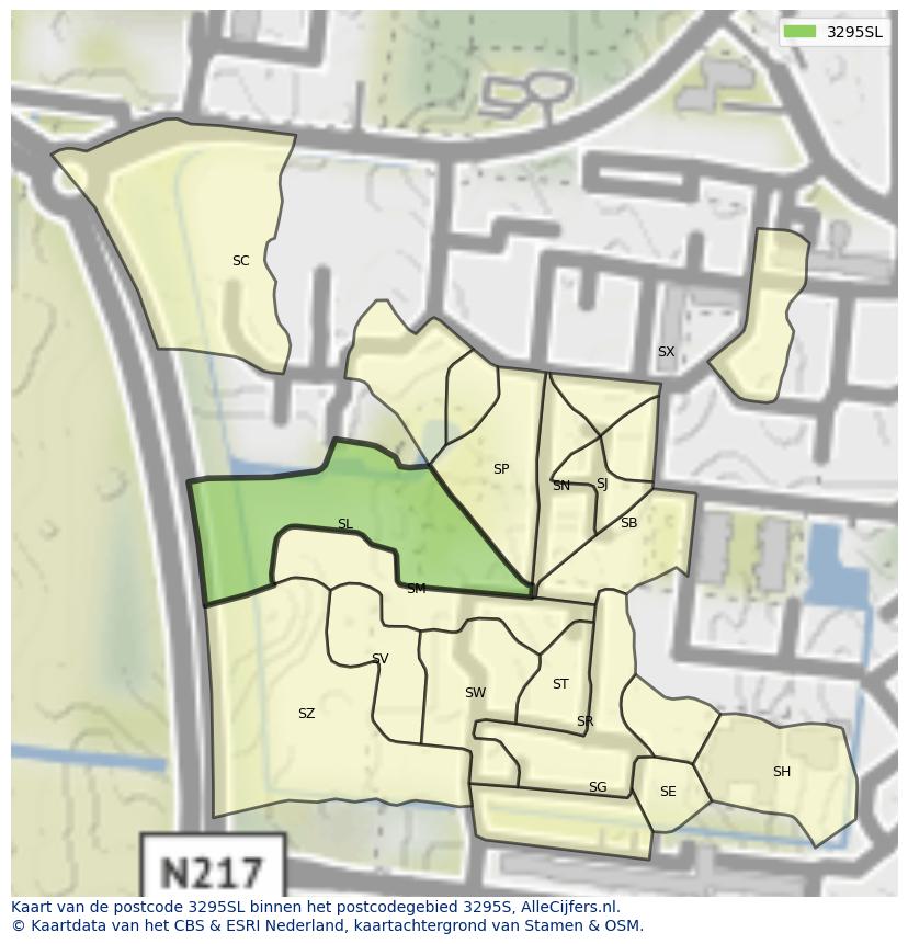 Afbeelding van het postcodegebied 3295 SL op de kaart.