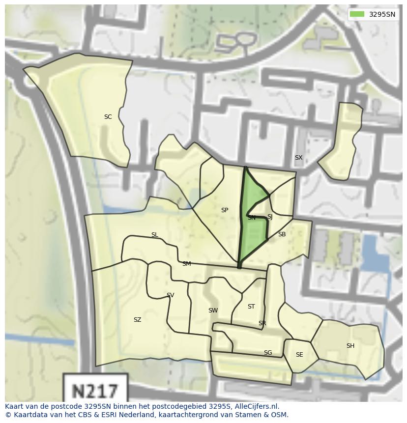 Afbeelding van het postcodegebied 3295 SN op de kaart.