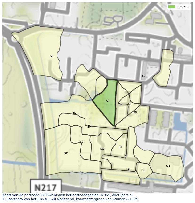 Afbeelding van het postcodegebied 3295 SP op de kaart.