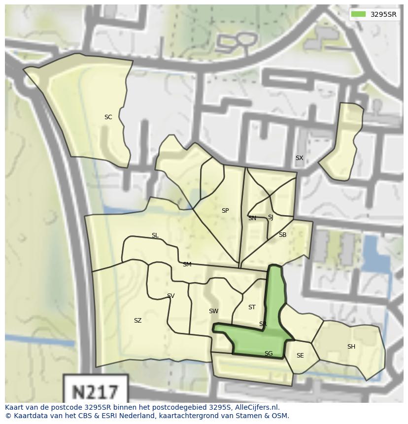 Afbeelding van het postcodegebied 3295 SR op de kaart.