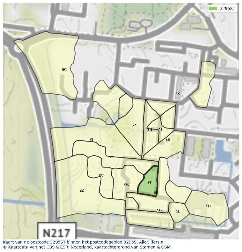 Afbeelding van het postcodegebied 3295 ST op de kaart.