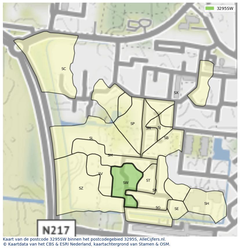 Afbeelding van het postcodegebied 3295 SW op de kaart.
