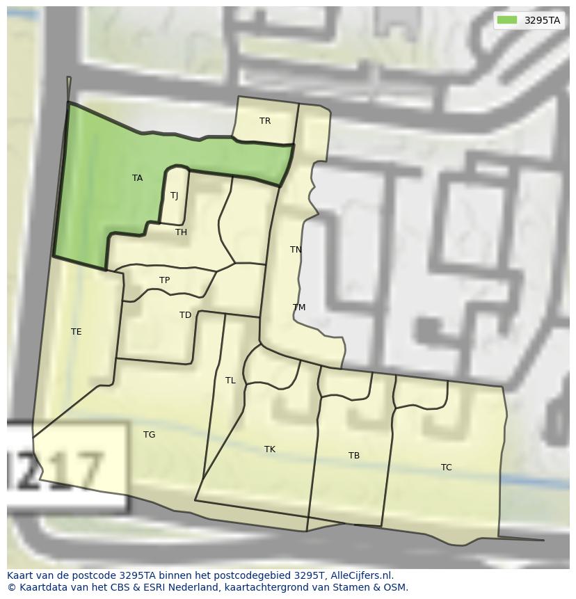Afbeelding van het postcodegebied 3295 TA op de kaart.