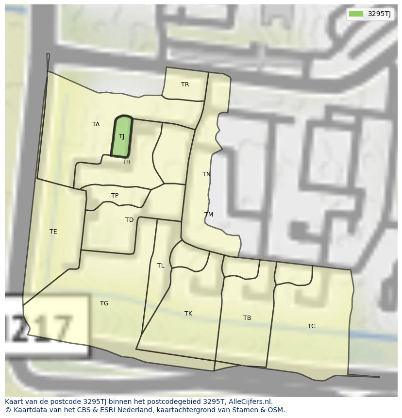 Afbeelding van het postcodegebied 3295 TJ op de kaart.