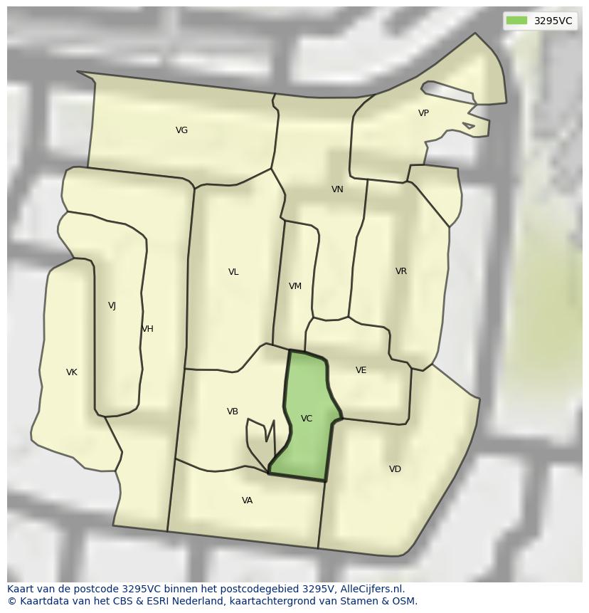 Afbeelding van het postcodegebied 3295 VC op de kaart.